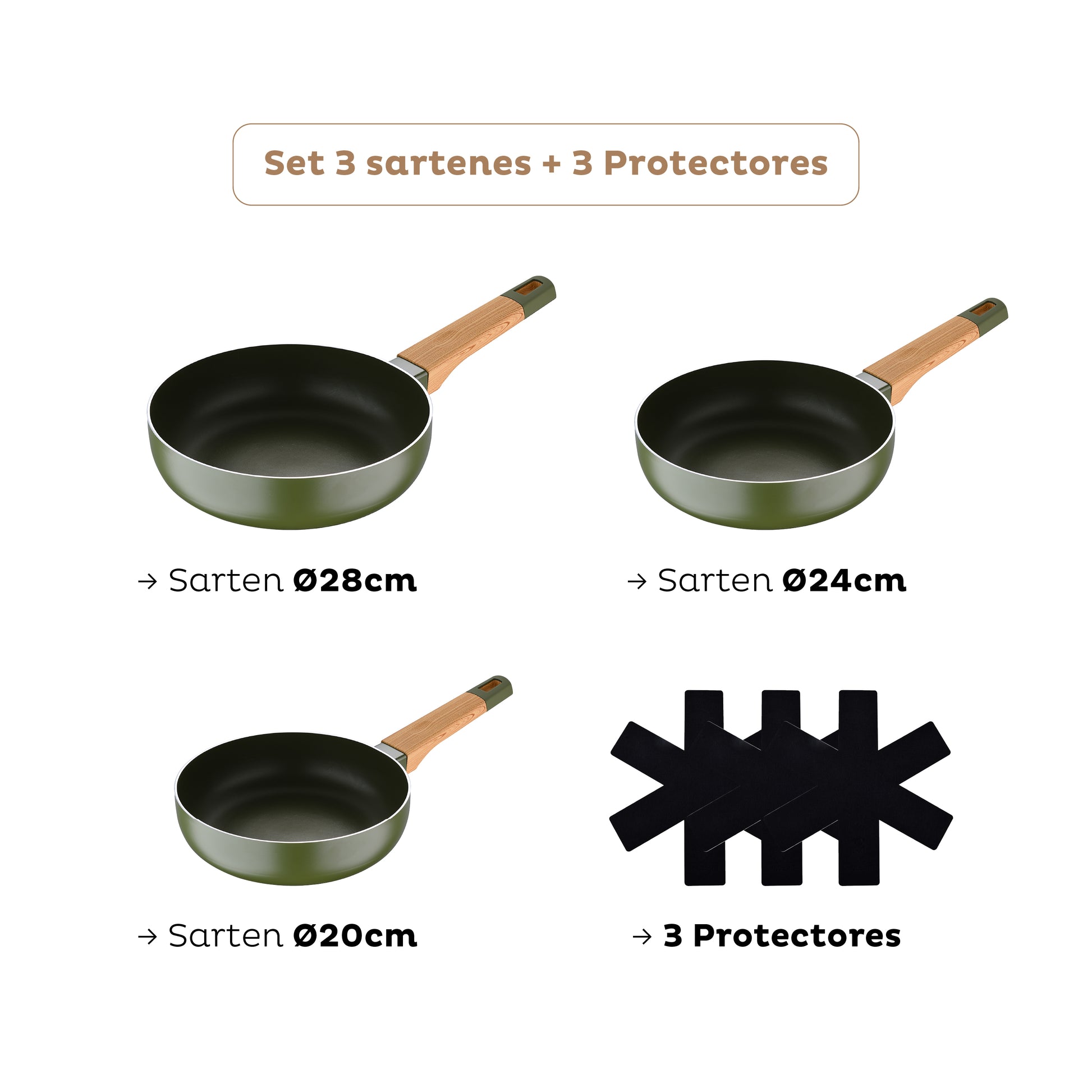 Set de sartenes 20/24/28cm con protectores – Bronze