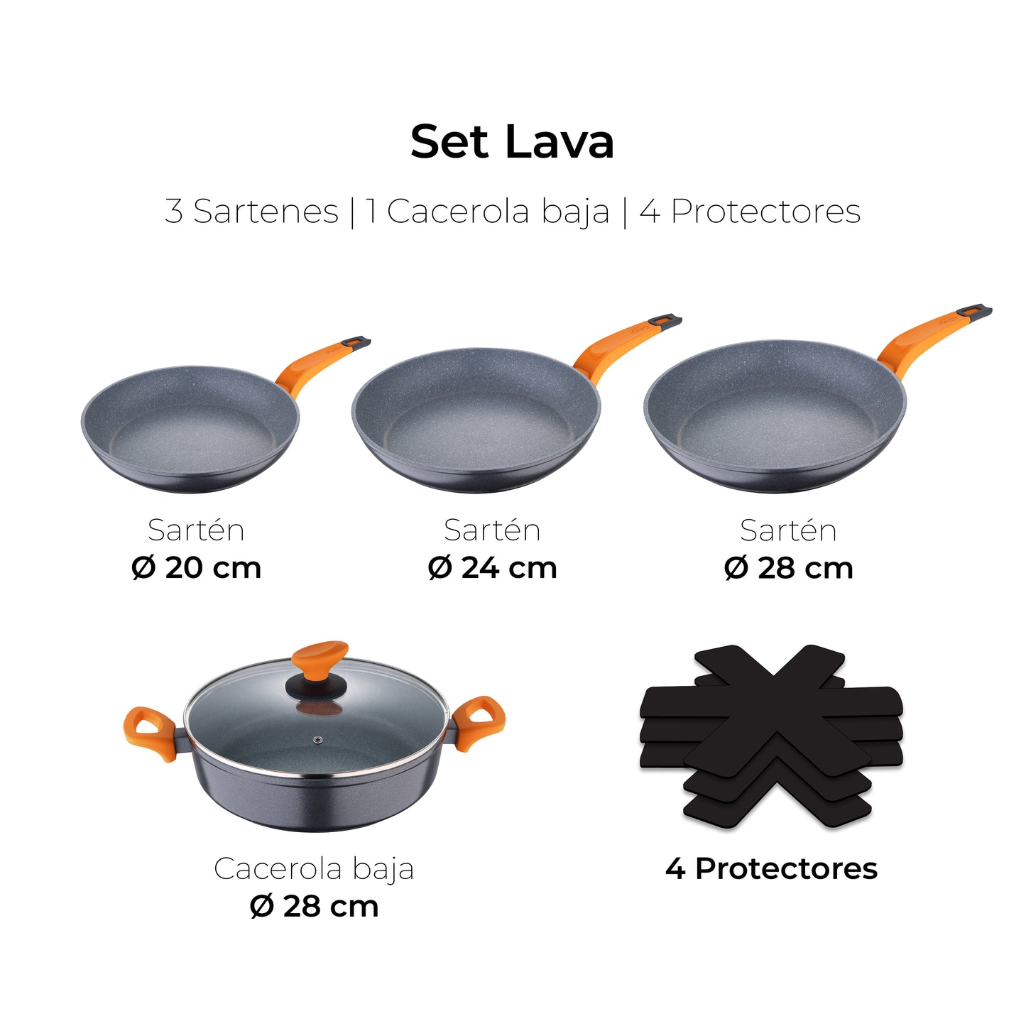 Batería de cocina negra y naranja con protectores – Lava